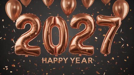Happy New Year 2027 animation with metallic copper foil balloons and numbers background. Video greeting card with 27 animated numbers for celebration party invitation recording.
 - Powered by Adobe