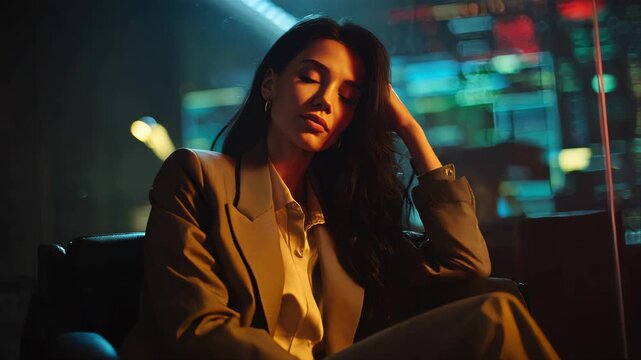 melancholic flegmatic tired and relaxed woman with long smooth black hair, wearing elegant female business suit