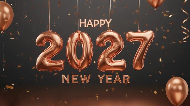 Happy New Year 2027 animation with metallic copper foil balloons and numbers background. Video greeting card with 27 animated numbers for celebration party invitation recording.
