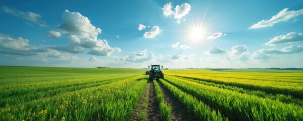 Tractor plows green fields under sunny sky. Agriculture farm machinery works in farming process. Sunlight illuminates cultivated land. Agricultural machine cultivating crop field at daytime.