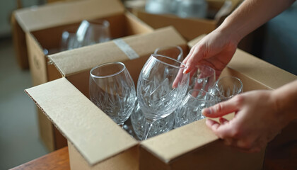 Person carefully packs fragile crystal glassware in cardboard box. Preparing for home relocation, protecting delicate items for safe transport. Moving day chores include secure packaging for fragile