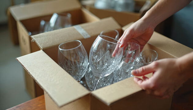 Person carefully packs fragile crystal glassware in cardboard box. Preparing for home relocation, protecting delicate items for safe transport. Moving day chores include secure packaging for fragile