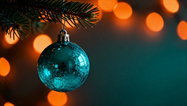 Rendering of glass christmas baubles against a purple background. Christmas ornaments on a Christmas tree with bokeh neon pink and blue lights. Generative AI - Powered by Adobe