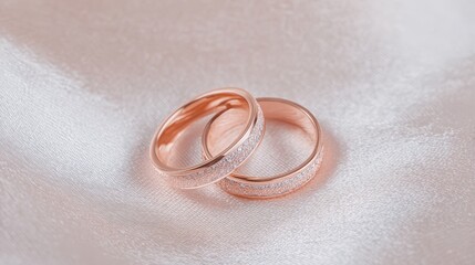 Two beautiful rose gold wedding rings are placed side by side on a soft satin fabric. They shine softly in warm light, showcasing their elegant design and sparkling details.