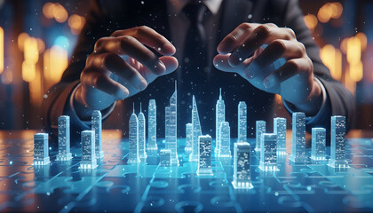 Businessmans Hands Above a Futuristic Cityscape on a Puzzle Board