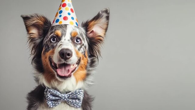 Birthday dog : A happy dog in a party hat and a bowtie is smiling broadly, capturing the joy of a birthday celebration.