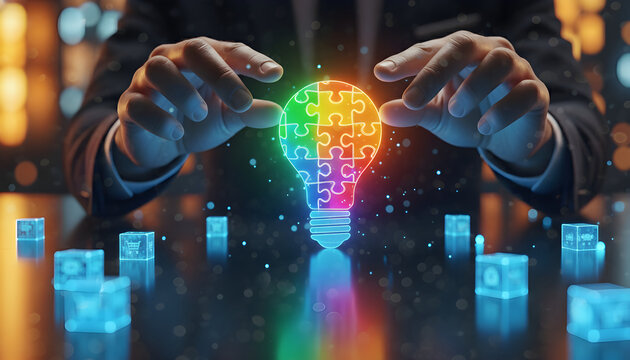 Innovative Digital Idea with a Jigsaw Puzzle Light Bulb and Data Cubes