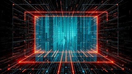 digital tunnel portal gateway cyberspace, virtual neon sci-fi motion speed endless cityscape
