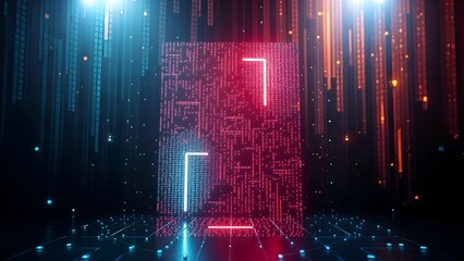 digital screen panel with circuit in neon virtual hologram holographic particle glow light beam