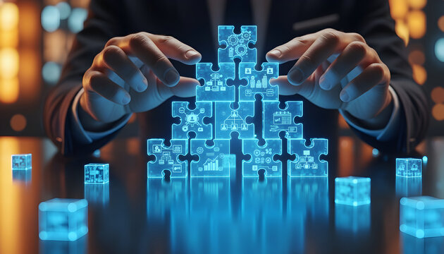 Businessman Assembling Digital Puzzle Pieces Representing Business Strategy and Teamwork - Powered by Adobe