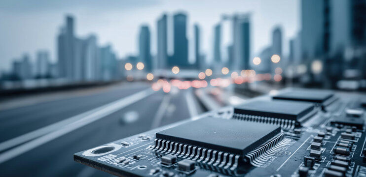 Circuit board with microchips foregrounds blurred urban skyline and transportation infrastructure.