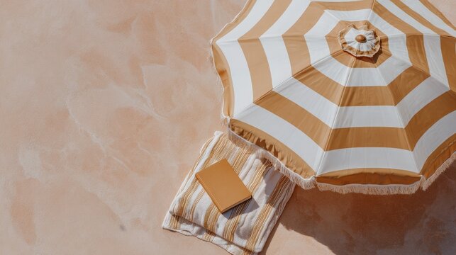 A striped umbrella stands tall on a sandy surface, accompanied by a towel and a closed book. The warm sunlight creates a relaxing beach atmosphere perfect for reading and unwinding.