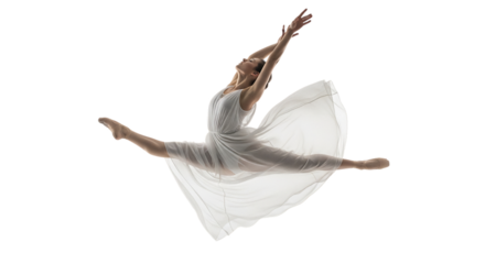 Graceful ballerina in mid air performing an elegant leap with flowing white dress isolated on transparent background