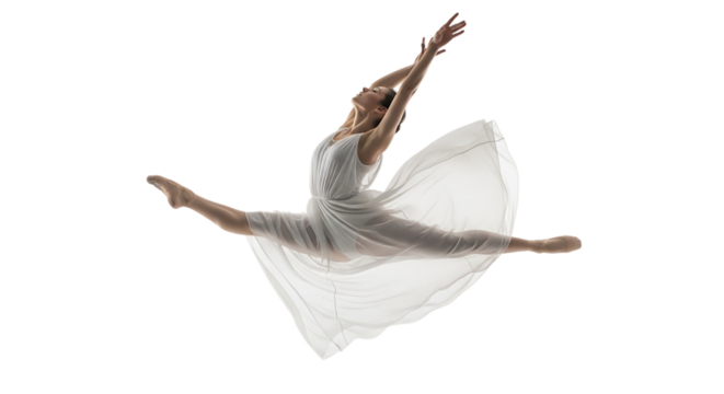 Graceful ballerina in mid air performing an elegant leap with flowing white dress isolated on transparent background