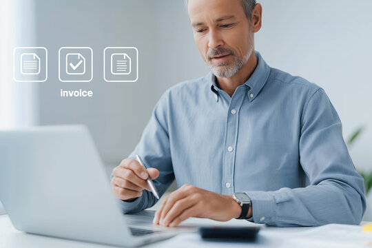 Professional manages multiple electronic invoicing documents using modern digital technology workspace.