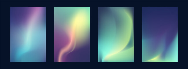 Aurora poster vertical set. Modern northern lights landscape with starry night sky and vibrant blue, purple, green gradients. Minimalist vector cover, social media, flyer, banner, ad design