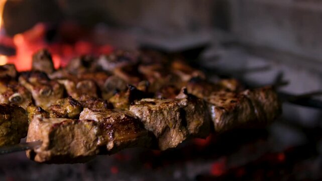Grilling Tasty Dish Barbecue. Cooking On Picnic On Charcoal Souvlaki Food Metal Skewer Beef. Street Food Grill. Grilling Marinated Shashlik Souvlaki. Grilled BBQ Meat On Fire. Roasting Meat Bbq.