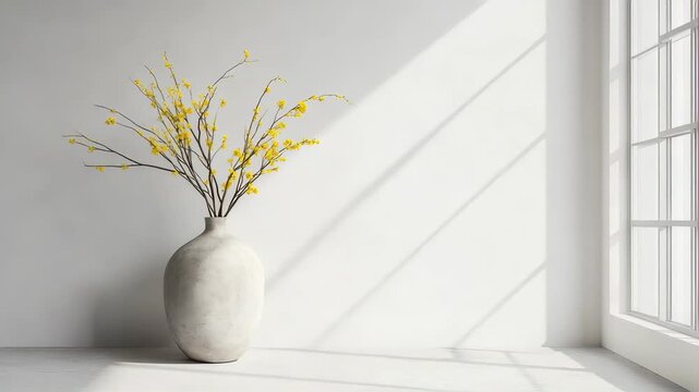 Minimalist living corner with sculptural vase, abstract art and yellow spring branches in bright natural light