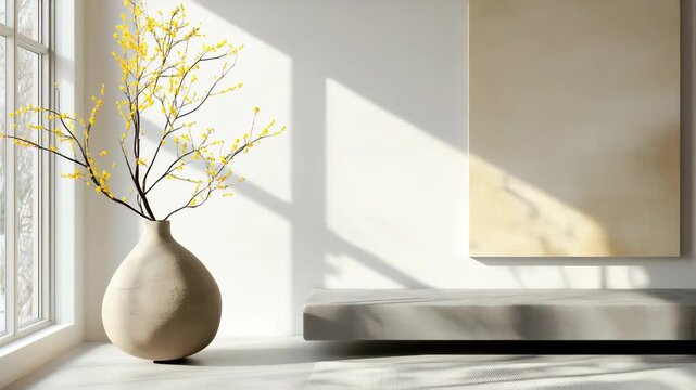 Minimalist living corner with sculptural vase, abstract art and yellow spring branches in bright natural light