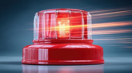 A bright red emergency light flashes vibrantly as it spins, casting a vivid glow against a dark backdrop, evoking urgency and alertness. The motion creates a sense of speed and action.