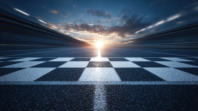 A dramatic racing track stretches into the distance, leading towards a sunset on the horizon. The checkered flag pattern marks the finish line while dark clouds and vibrant colors fill the sky. - Powered by Adobe