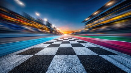 A racing finish line is shown prominently, marked by a black and white checkerboard pattern.