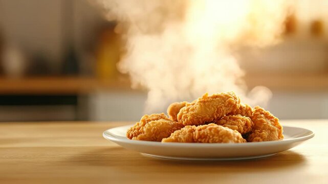 Golden Crisp Temptation: A close-up shot of a plate brimming with perfectly golden-fried chicken pieces, their tempting aroma and delicate steam inviting immediate indulgence.