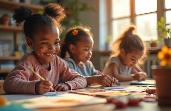 Three young African-American girls happily create artwork in bright classroom setting. Focused on creative expression, joyful learning, image captures childhood imagination, collaboration. Warm - Powered by Adobe