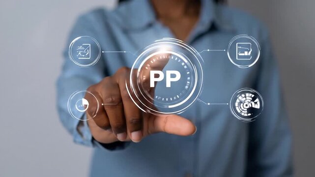 Woman Interacting with Futuristic PP Interface, Technology Concept