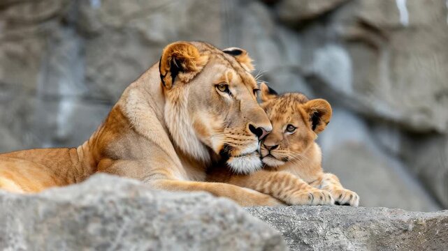 Lioness and Cub Intimacy: A tender moment of bonding is captured as a lioness and her cub share an intimate embrace, their connection radiating warmth and affection. 