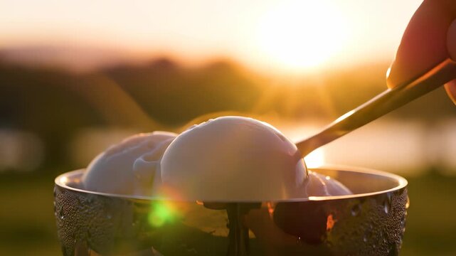 A woman gracefully scoops a delicious creamy dessert under the brilliant sun while the rich light glimmers off the glass bowl. The refreshing treat sits invitingly, beckoning with