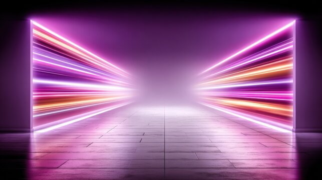 Vibrant beams of purple, orange, and pink light stretch from both sides, illuminating a misty, monochrome hallway. The scene suggests a surreal, sci-fi atmosphere for a digital artwork.