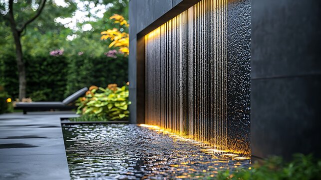 Modern garden with a Image black wall waterfall and illuminated pool