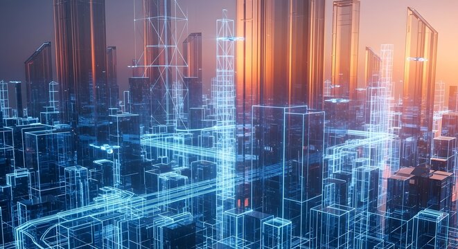 futuristic cityscape with glowing lines and modern architecture