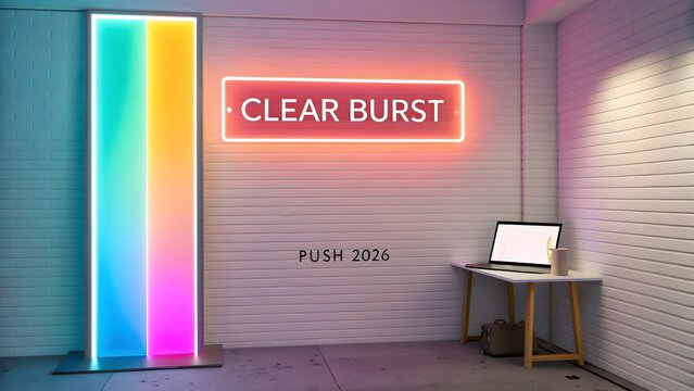 Neon Clear Burst Sign with Laptop in Bright Workspace