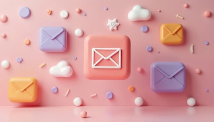 3D pastel email icons float on pink background. Mail symbols and clouds, spheres adorn digital communication theme. Modern mail service app interface.