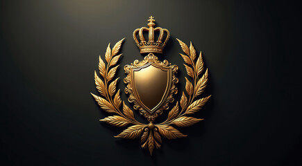 Gold emblem with shield, crown and leaf design. Elegant award symbol for luxury brands and heraldry. Royal crest signifies prestige status and achievement, suitable for formal recognition.