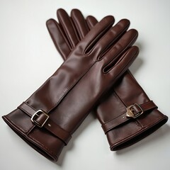 Brown leather gloves with gold buckles, elegant hand wear. Women accessories for cold weather protection. Fashionable item for stylish outfits.