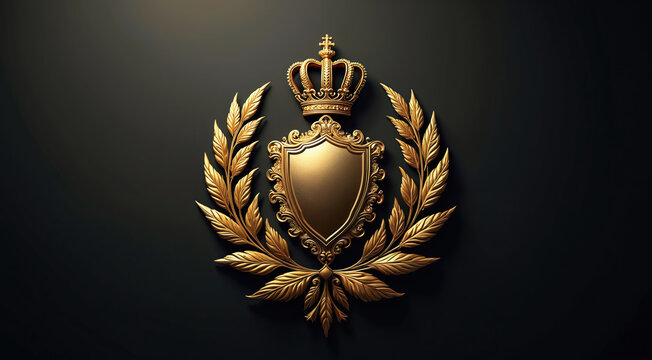 Gold emblem with shield, crown and leaf design. Elegant award symbol for luxury brands and heraldry. Royal crest signifies prestige status and achievement, suitable for formal recognition.