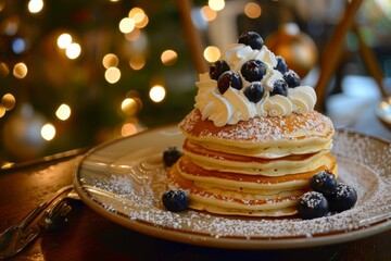 Fluffy pancakes with blueberries and cream