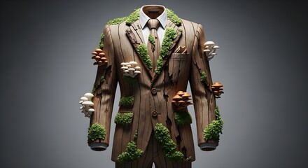 A business suit made of wood/bark is covered in green moss and various types of mushrooms.
