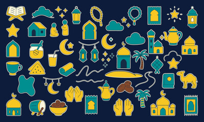 Cute Ramadan sticker pack featuring Ramadan doodle items: mosque, lanterns, moon, stars, tasbih, sajadah, teapot, dates, prayer hands, and more