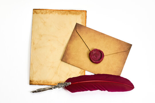 Vintage Letter Set. A parchment, sealed envelope, and quill evoke an old-world charm. - Powered by Adobe
