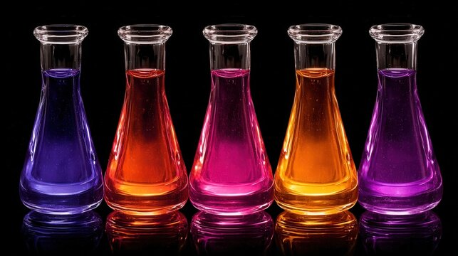 Five glass flasks filled with vibrant liquids in purple, orange, and pink hues are lined up against a black background. The asymmetry of the colors creates an eye-catching display.