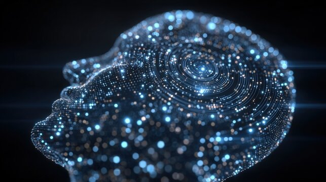 This artwork displays a human head concept made of luminous points and intricate patterns, suggesting advanced technology and artificial intelligence.