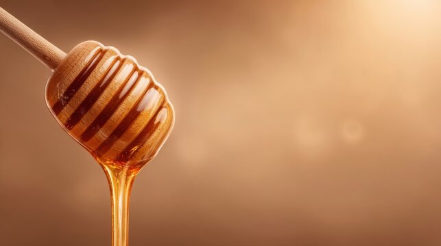 A wooden dipper holds golden honey as it drips slowly. The background features a warm, soft glow that highlights the texture and richness of the honey, creating an inviting atmosphere.