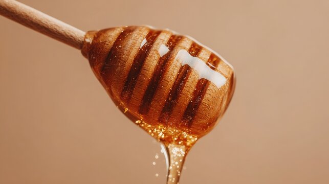A wooden dipper holds golden honey, with droplets glistening as they fall. The warm colors and soft lighting enhance the rich texture, showcasing the natural sweetness of the honey.