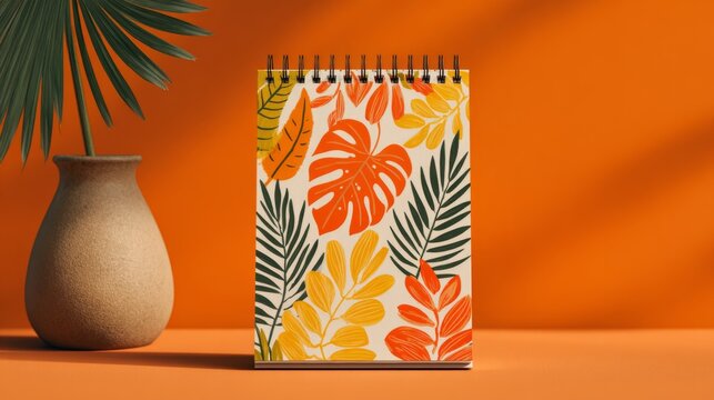 Colorful notepad with tropical leaf design on vibrant orange background in a cozy indoor setting