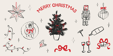 Vintage chalk-style Christmas celebration sketch with festive table, wine glasses, holiday decorations, and charming hand-drawn winter dinner elements. Doodle vector illustration