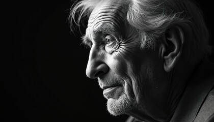 Side profile of elderly man with deep wrinkles, gray hair, thoughtful expression. High contrast black, white photography facial texture, wisdom. Focused portrait captures maturity, experience.